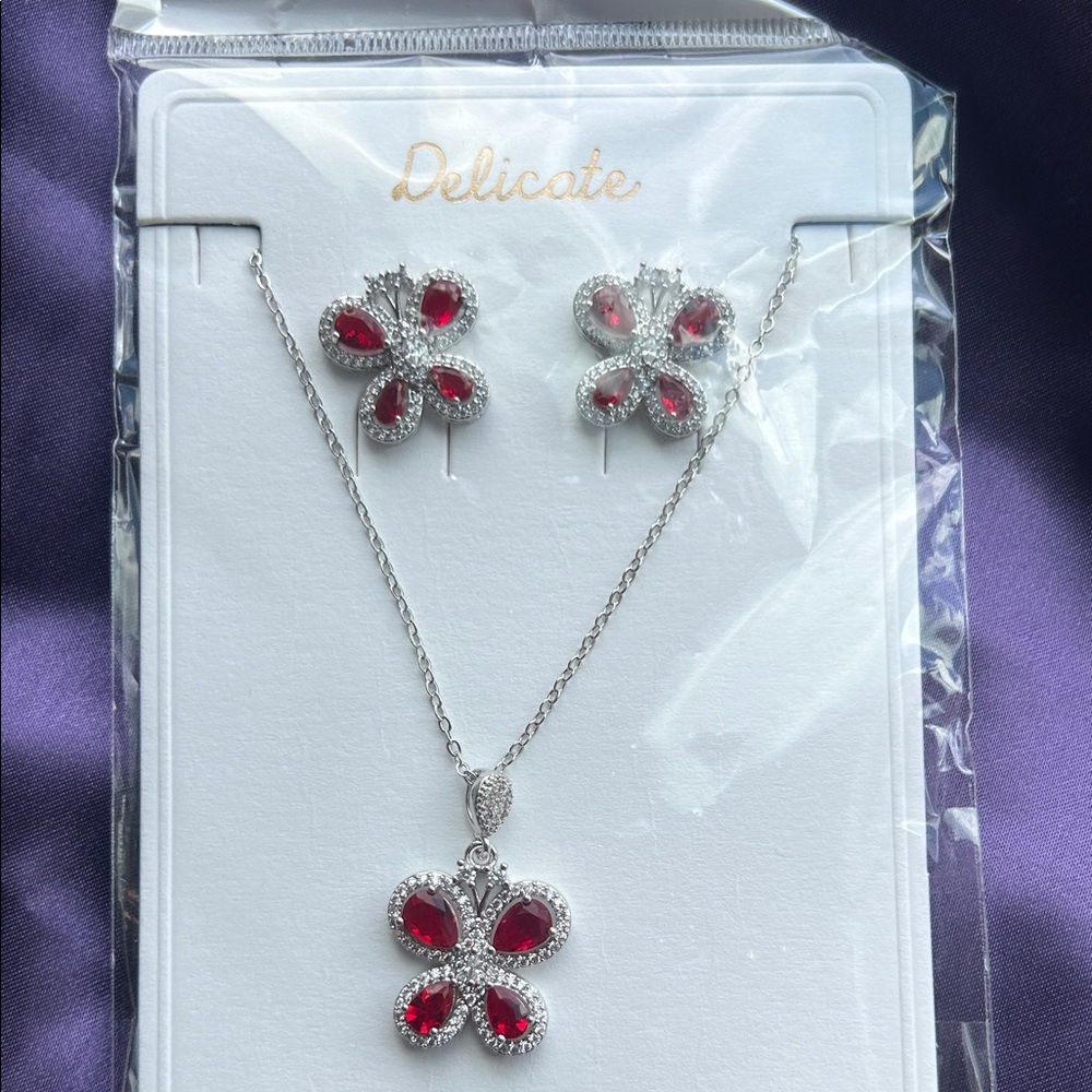 delicates Silver-Tone Butterfly Necklace and Earrings with Red Teardrop Stones
